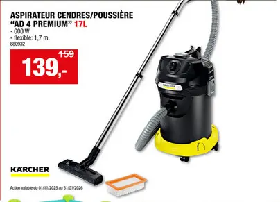 Offre: Kà¤rcher AD4 Premium aspirateur cendres et poussières 600W 17l
