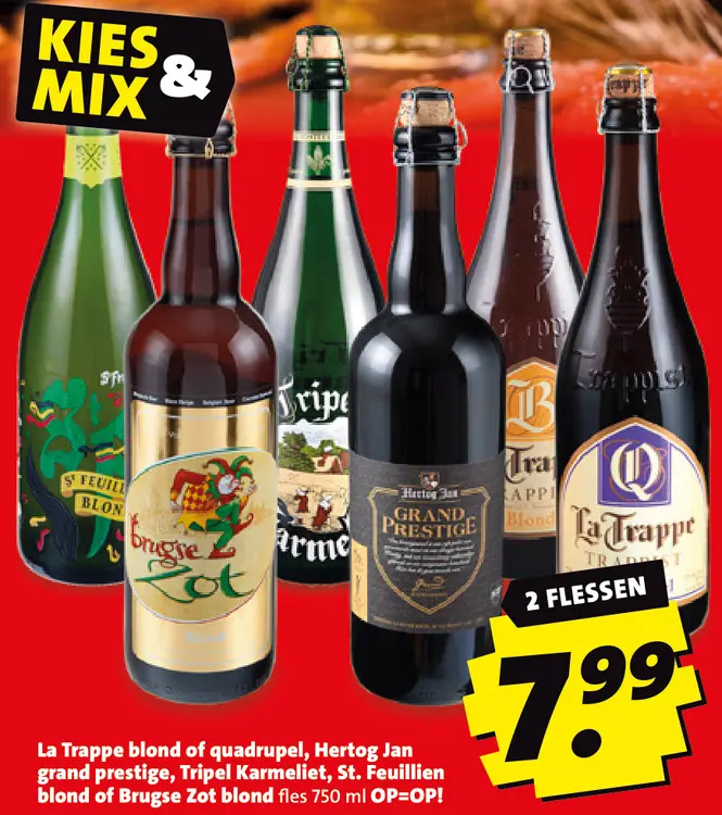 Aanbieding: La Trappe blond of quadrupel, Hertog Jan grand prestige, Tripel Karmeliet, St. Feuillien blond of Brugse Zot blond