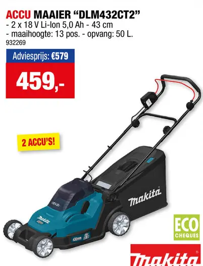 Promotie: Makita DLM432CT2 accu grasmaaier 2x18 V Li-Ion 43cm + 2 accu's en 1 lader