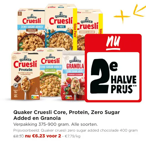 Promotie: Quaker Cruesli Core, Protein, Zero Sugar Added en Granola