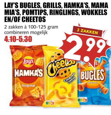 Aanbieding: Lay's Bugles, grills, hamka's, mama mia's, pomtips, ringlings, wokkels en/of cheetos