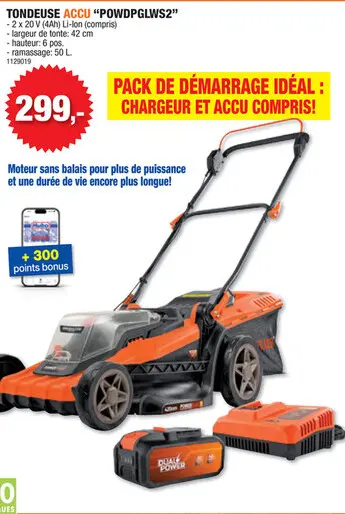 Offre: Powerplus Dual Power POWDPGLWS2 tondeuse sans fil 40V Li-Ion 42cm + chargeur