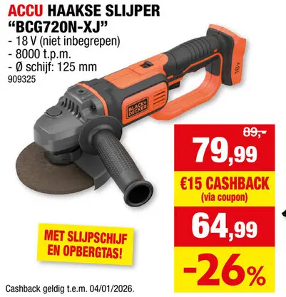 Promotie: Black+Decker BCG720N-XJ accu haakse slijper 18V Li-Ion 125mm zonder accu