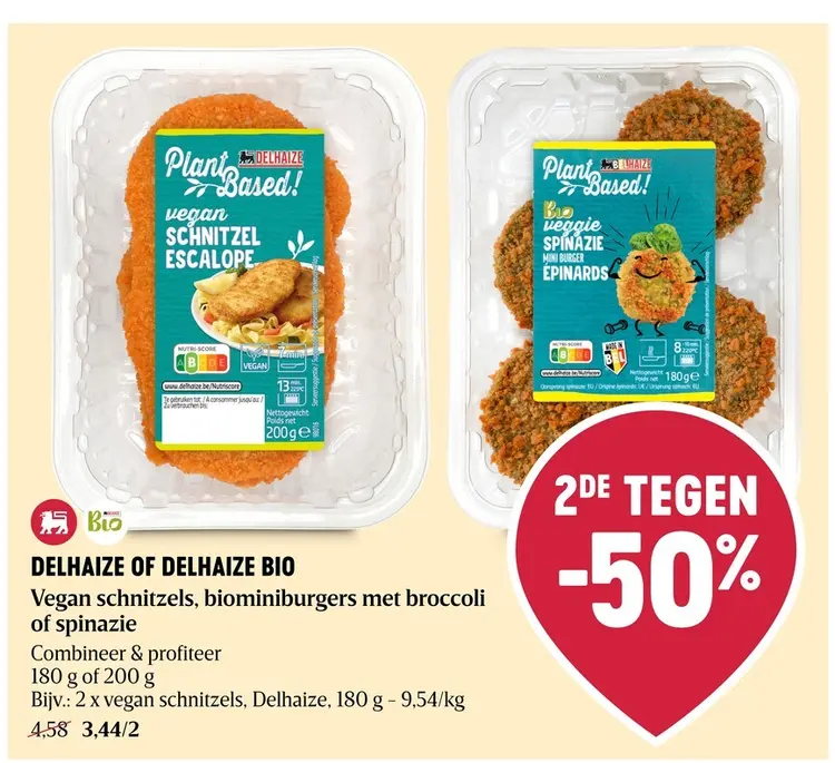 Promotie: Delhaize & Delhaize Bio Vegan schnitzels, biominiburgers met broccoli of spinazie