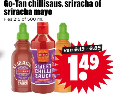 Aanbieding: Go-Tan chillisaus, sriracha of sriracha mayo