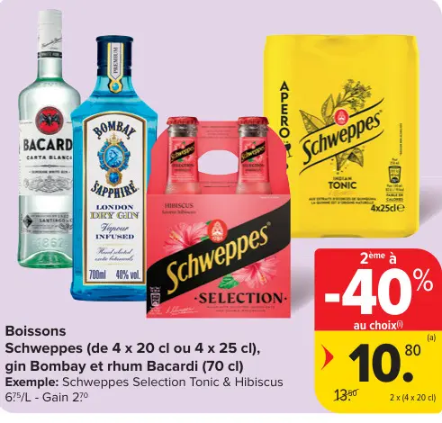 Offre: Schweppes, gin Bombay et rhum Bacardi