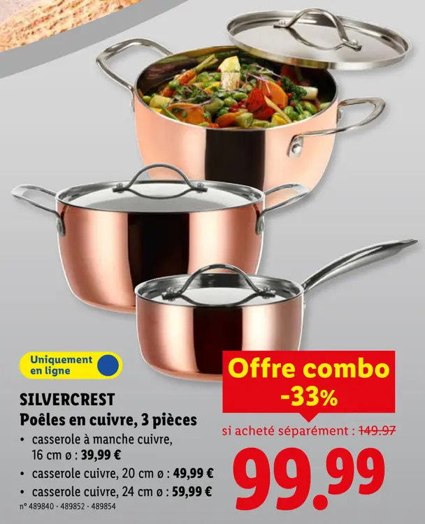 Offre: Poêles en cuivre, 3 pièces