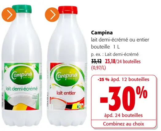 Offre: Lait demi-écrémé ou entier bouteille 1 L