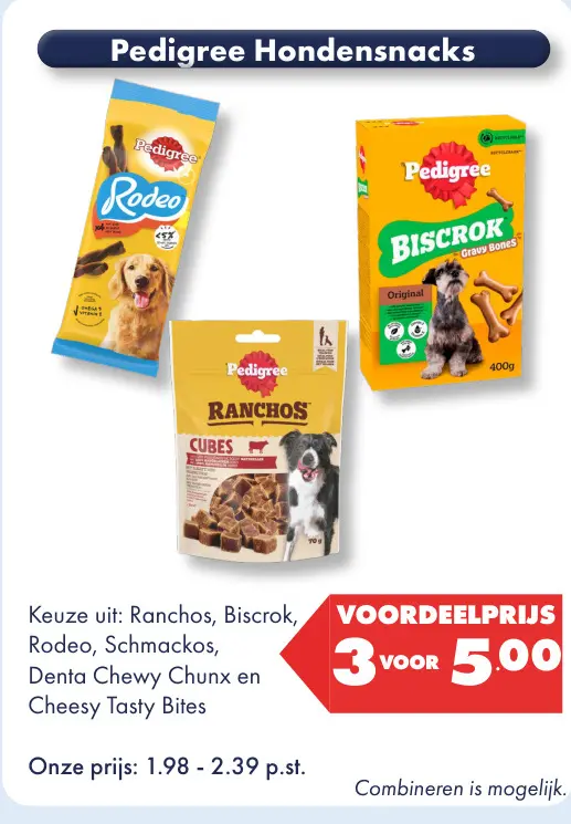 Aanbieding: Ranchos, Biscrok, Rodeo, Schmackos, Denta Chewy Chunx en Cheesy Tasty Bites