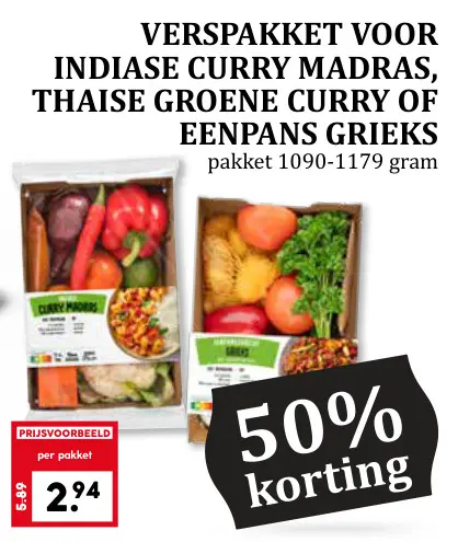 Aanbieding: Verspakket voor indiase curry madras, thaise groene curry of eenpans grieks
