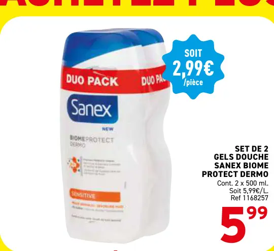 Offre: Gels douche Sanex biome protect dermo