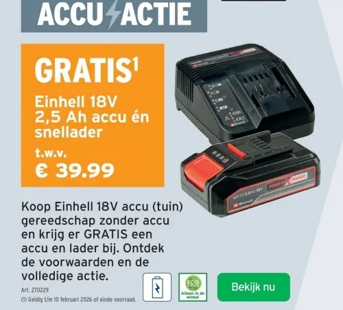 Promotie: Einhell 18V 2,5 Ah accu én snellader