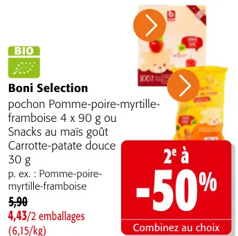 Offre: Pochon Pomme-poire-myrtille-framboise ou Snacks au maïs goût Carotte-patate douce