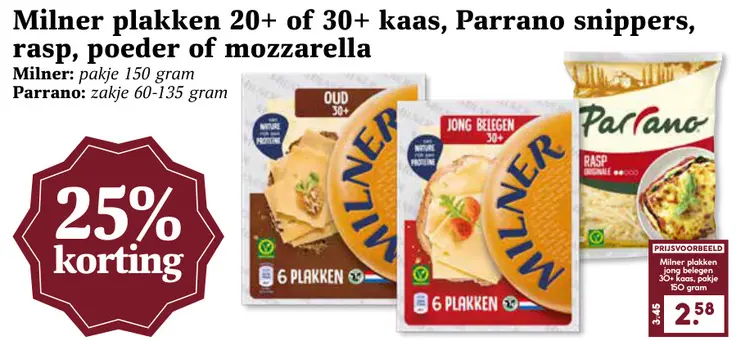 Aanbieding: Milner plakken 20+ of 30+ kaas, Parrano snippers, rasp, poeder of mozzarella
