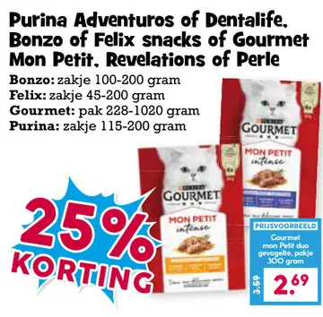 Aanbieding: Purina Adventuros of Dentalife, Bonzo of Felix snacks of Gourmet Mon Petit, Revelations of Perle