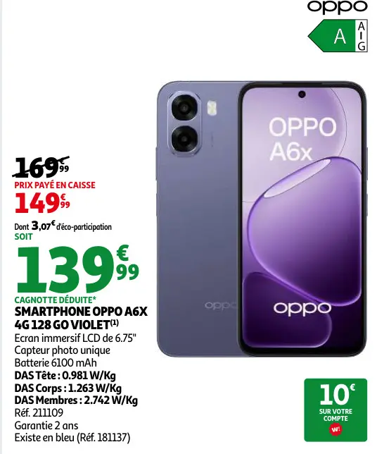 Offre: Smartphone Oppo a6x 4g 128 go violet