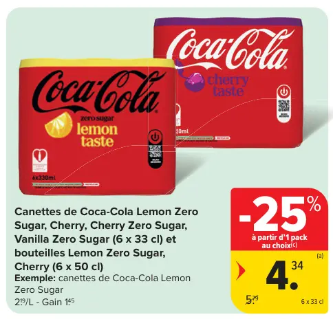 Offre: Coca-Cola Lemon Zero Sugar, Cherry, Cherry Zero Sugar, Vanilla Zero Sugar et bouteilles Lemon Zero Sugar, Cherry