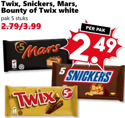 Aanbieding: Twix, Snickers, Mars, Bounty of Twix white
