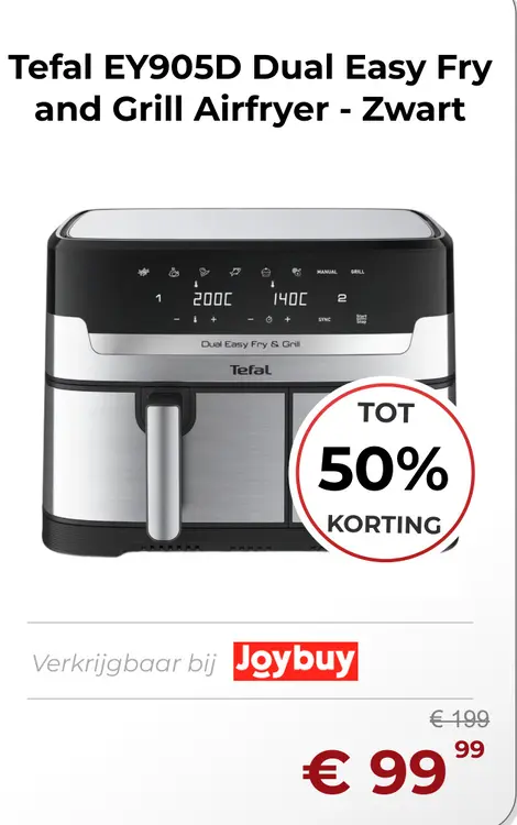 Aanbieding: Tefal EY905D Dual Easy Fry and Grill Airfryer - Zwart