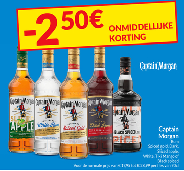 Aanbieding: Captain Morgan Rum Spiced gold , Dark , Sliced apple , White , Tiki Mango of Black spiced -2.50€ ONMIDDELLIJKE KORTING 