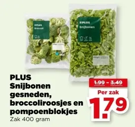 Snijbonen gesneden, broccoliroosjes en pompoenblokjes