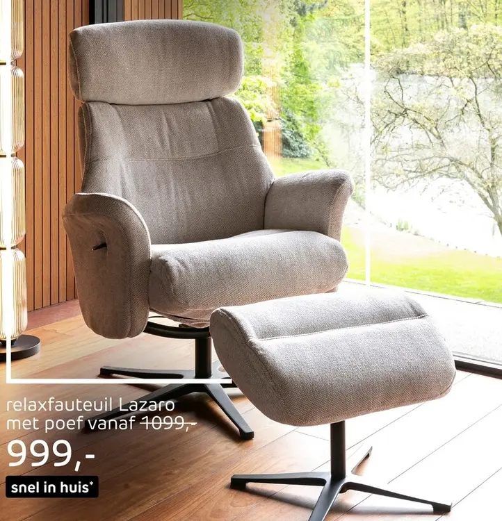 Promotie: Lazaro, relaxfauteuil met poef - stof Livigno - Creme