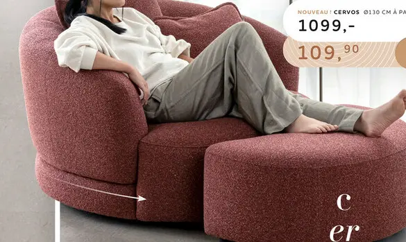 Offre: Cervos, fauteuil pivotant - rond 130cm incl. 1 coussin 60x60 + 1 coussin 45x45