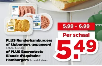 Aanbieding: PLUS Runderhamburgers of kipburgers gepaneerd of PLUS Boerentrots Blonde d'Aquitaine Hamburgers
