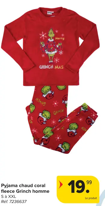 Offre: Pyjama chaud coral fleece Grinch homme