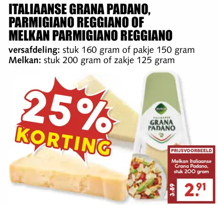 Aanbieding: Italiaanse grana padano, parmigiano reggiano of Melkan parmigiano reggiano