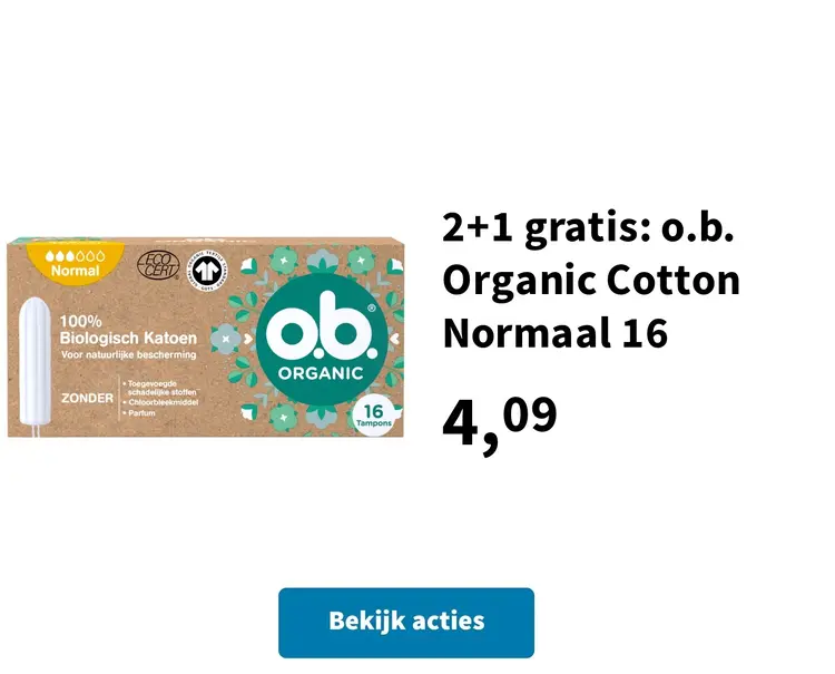 Promotie: 2+1 gratis: o.b. Organic Cotton Normaal 16