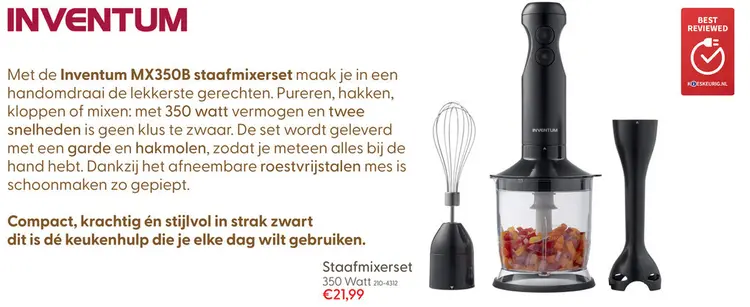 Aanbieding: Inventum staafmixer set zwart 350 watt mx350b met garde en hakmolen