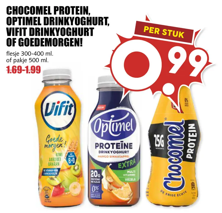 Aanbieding: Chocomel protein, Optimel drinkyoghurt, Vifit drinkyoghurt of Goedemorgen!