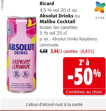 Offre: Ricard, Absolut Drinks ou Malibu cocktails
