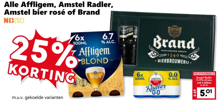 Aanbieding: Alle Affligem, Amstel Radler, Amstel bier rosé of Brand