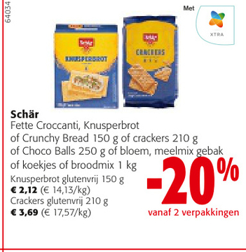 Aanbieding: Schär Fette Croccanti , Knusperbrot of Crunchy Bread of crackers of Choco Balls of bloem , meelmix gebak of koekjes of broodmix -20 % vanaf 2 verpakkingen