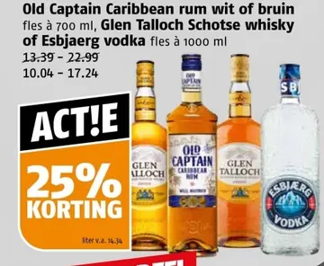 Aanbieding: Old Captain Caribbean rum wit of bruin, Glen Talloch Schotse whisky of Esbjaerg vodka