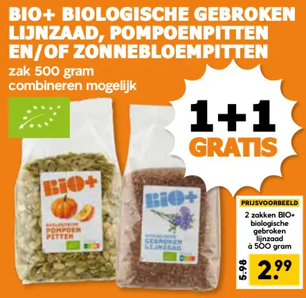 Aanbieding: Biologische gebroken lijnzaad, pompoenpitten en/of zonnebloempitten