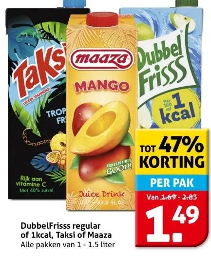 Aanbieding: DubbelFrisss regular of 1kcal, Taksi of Maaza