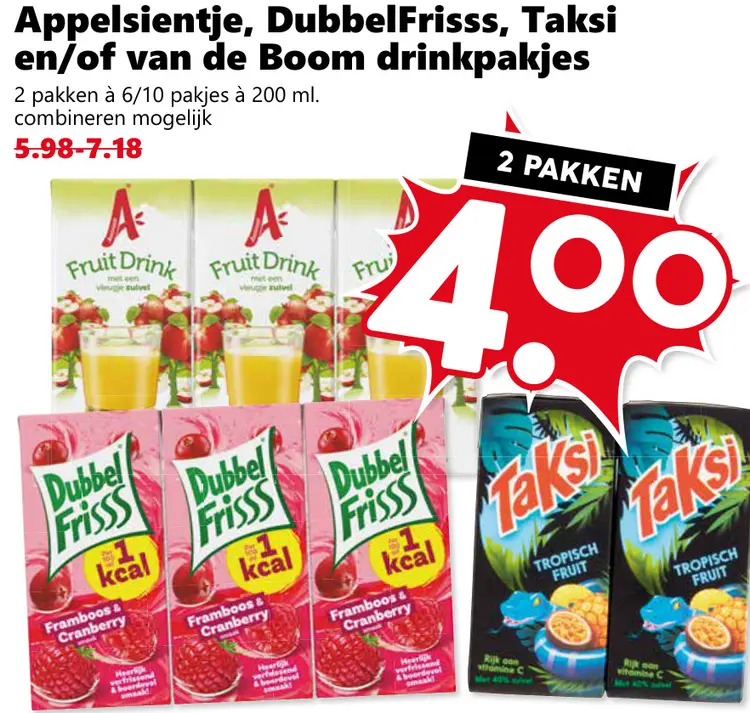 Aanbieding: Appelsientje, DubbelFrisss, Taksi en/of van drinkpakjes