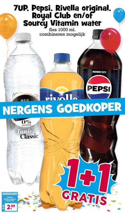 Aanbieding: 7UP, Pepsi, Rivella original, Royal Club en/of Sourcy Vitamin water
