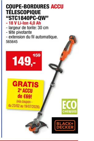 Offre: Black+Decker STC1840PC-QW coupe-bordures sans fil 18V Li-Ion 28cm