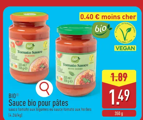 Offre: Sauce bio pour pâtes