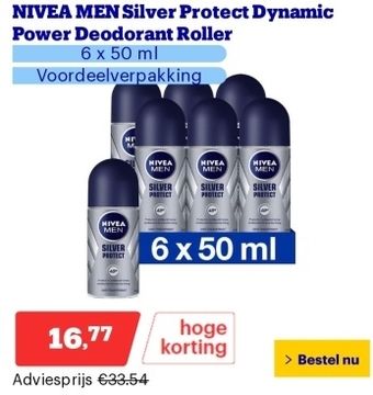 Aanbieding: NIVEA MEN Silver Protect Dynamic Power Deodorant Roller - 6 x 50 ml - Voordeelverpakking
