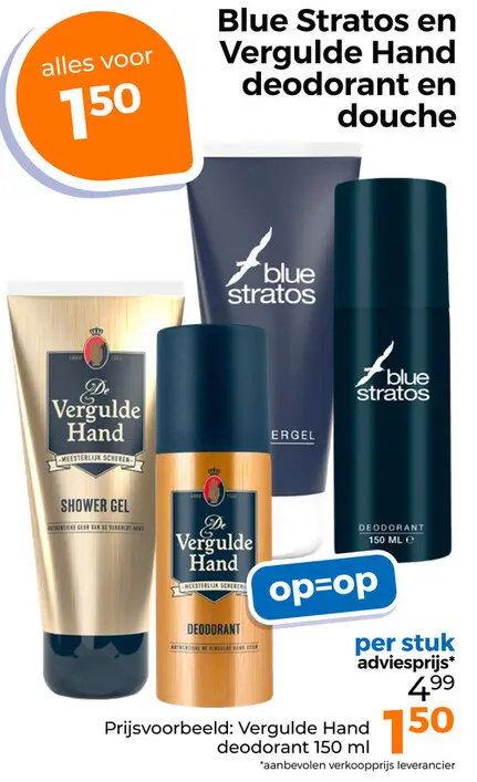 Aanbieding: Blue Stratos en Vergulde Hand deodorant en douche