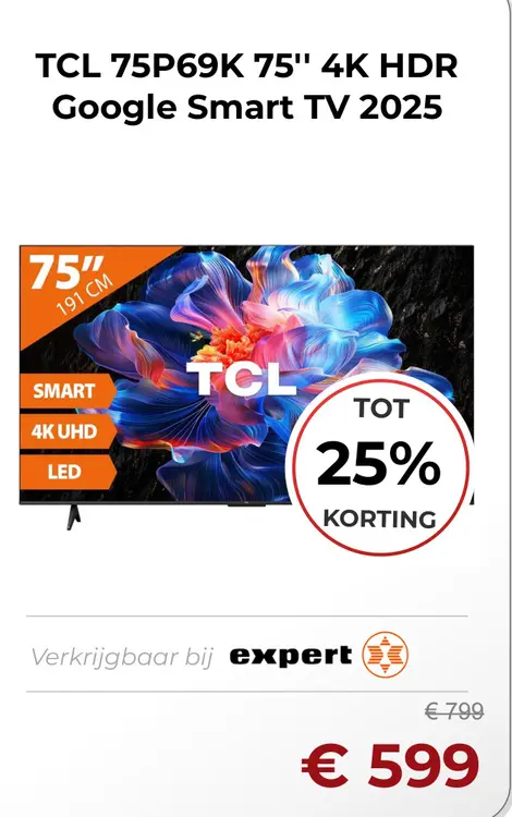 Aanbieding: 75P69K 75" 4K HDR Google Smart TV 2025