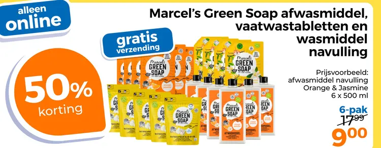 Aanbieding: Marcel's Green Soap afwasmiddel, vaatwastabletten en wasmiddel navulling