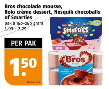 Aanbieding: Bros chocolade mousse, Rolo crème dessert, Nesquick chocoballs of Smarties