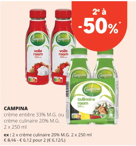 Offre: Crème entière 33% M.G. ou crème culinaire 20%