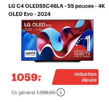 Offre: LG C4 OLED55C46LA - 55 pouces - 4K OLED Evo -